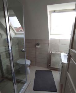 ギェネシュディアーシュにあるApartment Gyenesdias 19のバスルーム(シャワー、トイレ付)、窓が備わります。