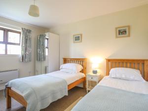 a bedroom with two beds and a window at Bryn Eira Tack Room in Llanfairpwllgwyngyll