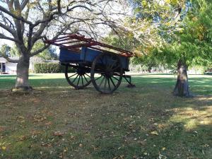 Une charrette bleue assise dans un parc à côté de deux arbres dans l'établissement The Fishers @33, à Geraldine