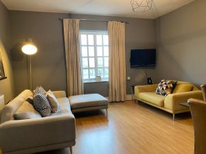 a living room with two couches and a tv at Alpheus Living: Newsham Apartment in Liverpool