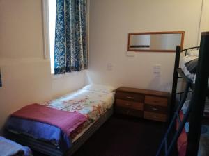 ein kleines Schlafzimmer mit einem Etagenbett und einem Fenster in der Unterkunft Empire Hotel Backpackers in Oamaru