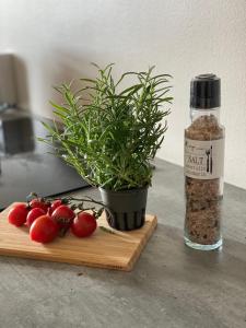 een fles kruiden naast een potplant en tomaten bij NO:4 in Vaasa
