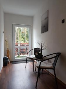 a living room with two chairs and a table and a window at Penzion Zelený Háj in Merklín