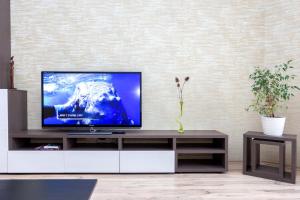 uma sala de estar com uma televisão de ecrã plano num centro de entretenimento em MinskLux Apartments em Minsk