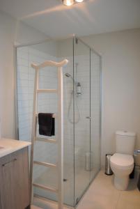 a bathroom with a glass shower with a toilet at BeachTownhouse779 in Rosebud