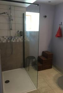 a bathroom with a shower with a stool and a chair at Les chambres d'hôtes de l'Ecurie Goupil in Mont-le-Vignoble