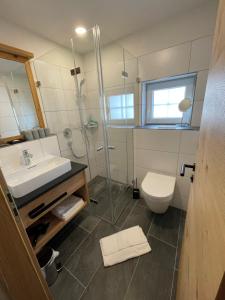 een badkamer met douche, wastafel en toilet bij Fellhorn Ferienwohnungen in Oberstdorf +57 foto's