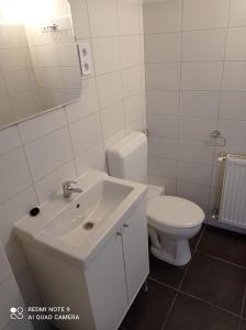 a white bathroom with a toilet and a sink at Tavaszház Apartmanok in Balatonfüred