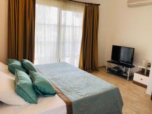 1 dormitorio con 1 cama con almohadas verdes y TV en Fun&Sun Two Villas For Big Families(16 person), en Belek