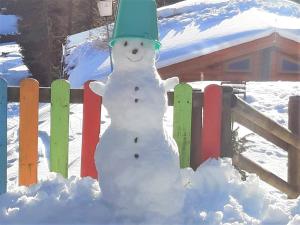 een sneeuwpop die voor een hek staat bij Almhaus Florian in Treffen