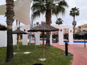 un complejo con palmeras y sombrillas junto a una piscina en El apartamento que buscas Vera Playa, en Los Amarguillos