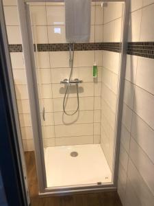 un bagno con doccia e porta in vetro di Hotel L'alpin a Landry