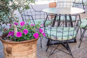 a pot of flowers and a table and chairs at Stellina Village in Kato Daratso