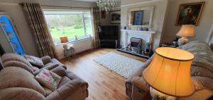 a living room with a couch and a fireplace at Meadow View B&B in Ballymena