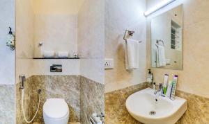 two pictures of a bathroom with a toilet and a sink at FabHotel GRK Comforts in Bangalore