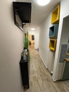 pasillo con TV de pantalla plana en la pared en Loft Apartman X. ker., en Budapest