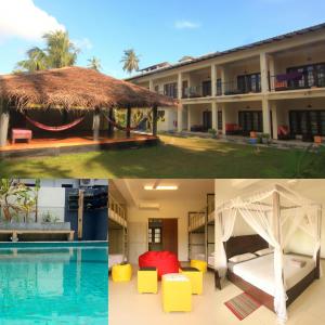 a collage of photos of a resort and a pool at JJ's Hostel Mirissa in Mirissa