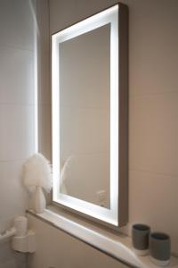 lustro siedzące na półce w łazience w obiekcie Studio-Apartment Piccolino 26 w mieście Timmendorfer Strand
