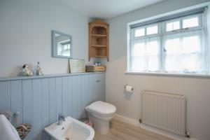 un bagno con un water, un lavandino e una finestra di 46 Ivy Cottage, Easton a Woodbridge Altre 24 foto