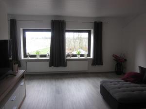 a living room with a couch and a window at Ferienwohnung Birkwang in Wanderup