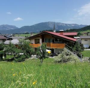 uma casa com um campo verde em frente em Alpenapartment Abtenau 2 - 6 Personen em Abtenau