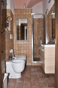 La salle de bains est pourvue de toilettes, d'un lavabo et d'une douche. dans l'établissement Il giardino di Adele, à Sermoneta