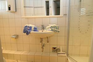 ヘルヌムにあるHaus Gräpel App 6のバスルーム(洗面台、ガラス張りのシャワー付)