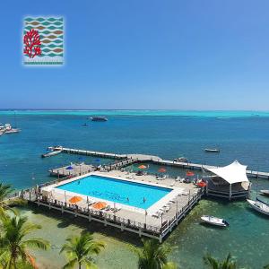 una vista aérea de una piscina en el agua en Hermosos Apartamentos Frente Al Mar en San Andrés