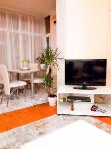 een woonkamer met een grote televisie en een tafel bij Apartman Djoana - dvosoban apartman u blizini Akva Parka Vrnjačke Terme in Vrnjačka Banja
