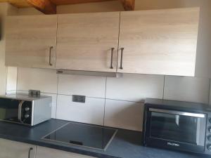 cocina con armarios de madera, microondas y encimera en Ferienwohnung3 Grimma en Grimma