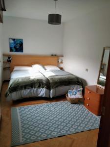 een slaapkamer met een bed en een blauw tapijt bij Piso, Playa de Covas in Viveiro