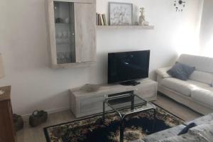 sala de estar con TV de pantalla plana y sofá en Casa Nanda Badia Prataglia, en Badia Prataglia