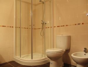 a bathroom with a shower and a toilet and a sink at Casa Luz in Vila Nova de Milfontes +12 photos