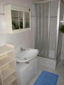 ein weißes Bad mit einem Waschbecken und einer Dusche in der Unterkunft Ferienwohnung Keckl in Beilngries