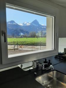 uma janela sobre um lavatório de cozinha com vista para um campo em Haus Melchaazopf em Giswil