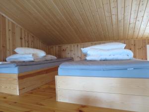 two beds in a sauna with wooden ceilings at Riisebruket in Havningberg