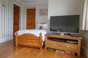 ein Wohnzimmer mit einem TV auf einem Holzständer in der Unterkunft Moss Cottage in Bickley