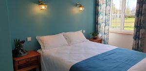 - une chambre avec un lit aux murs bleus et une fenêtre dans l'établissement Château de Grandmont Gîte, à Blacé