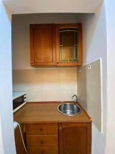 a small kitchen with a sink and wooden cabinets at Budget Inn Amzei in Bucharest