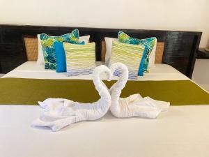 due cigni seduti sopra un letto di Chalets de Palma a La Digue