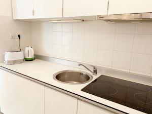 a kitchen with a sink and a counter top at Miu Arena Apartment in Belgrade