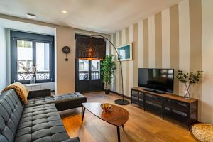 a living room with a couch and a television at Edificio Fénix by Plaza Mayor Apartamentos in Valladolid