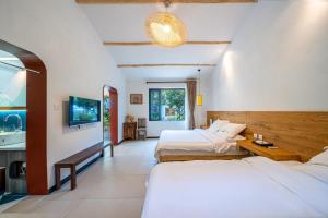 安吉県にある安吉 小森林 Little Forest Anjiのベッド2台とテレビが備わるホテルルームです。