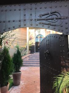 梅克內斯的住宿－Les Jardins de Ryad Bahia，一座有盆栽植物的建筑中的金属门
