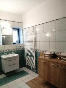a bathroom with a sink and a shower and a mirror at Apartmány 62 in Nový Přerov