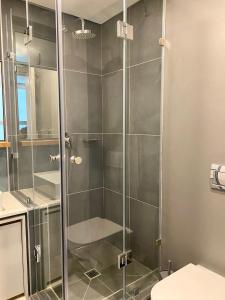 a shower with a glass door in a bathroom at Umhlanga Arch Gem in Durban