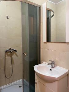 a bathroom with a shower and a sink and a mirror at Budget Inn Amzei in Bucharest