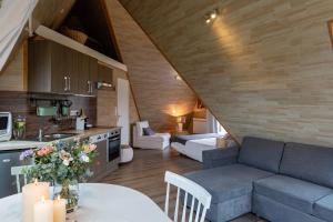 a kitchen and living room with a couch and a table at Les Lodges de Malbrough in Aire-sur-la-Lys