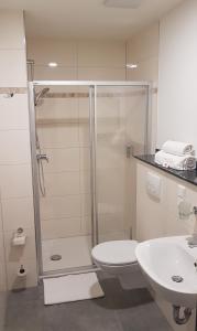 a bathroom with a shower and a toilet and a sink at Landgasthof Kelzenberg in Jüchen