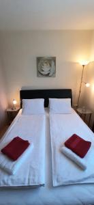 海格口的住宿－ÉKKŐ APARTMAN，一间卧室配有两张带红色毛巾的床。